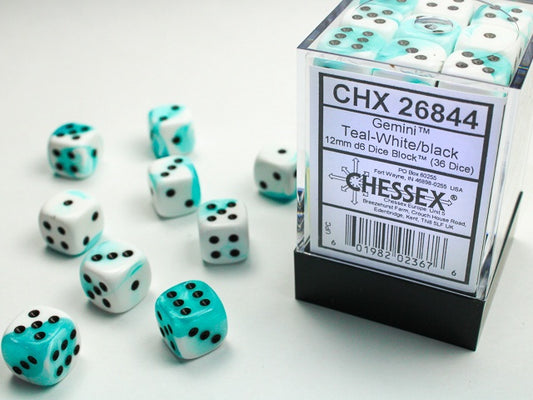 Gemini 36 * D6 Teal-White / Black 12mm Chessex Dice (CHX26844)