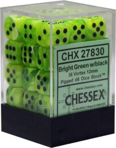 Vortex 36 * D6 Bright Green / Black 12mm Chessex Dice (CHX27830)