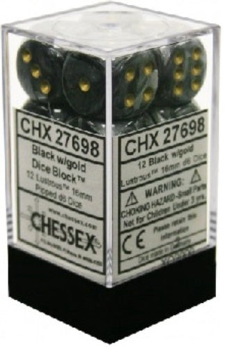 Lustrous 12 * D6 Black / Gold 16mm Chessex Dice (CHX27698)