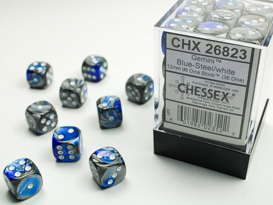 Gemini 36 * D6 Blue-Steel / White 12mm Chessex Dice (CHX26823)