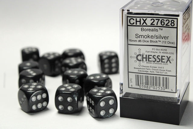 Borealis 12 * D6 Smoke / Silver 16mm Chessex Dice (CHX27628*)