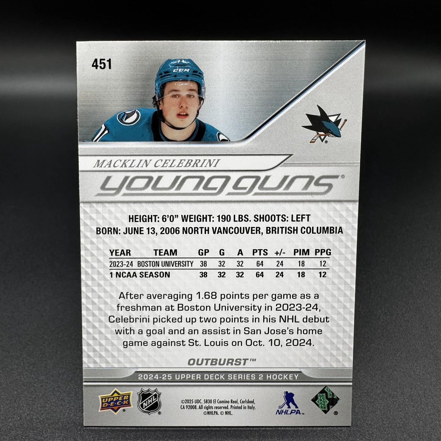 2024-25 UD Series 2 Macklin Celebrini Young Guns Outburst 451 RC #1