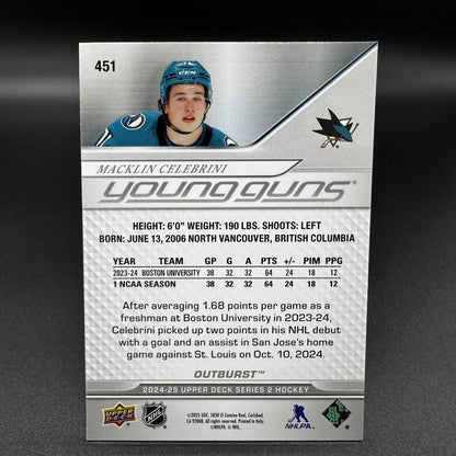 2024-25 UD Series 2 Macklin Celebrini Young Guns Outburst 451 RC #1