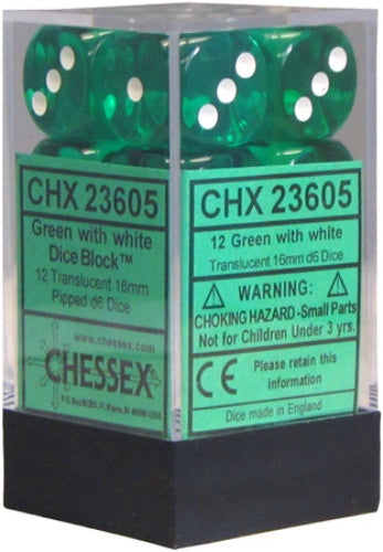 Translucent 12 * D6 Green / White 16mm Chessex Dice (CHX23605)
