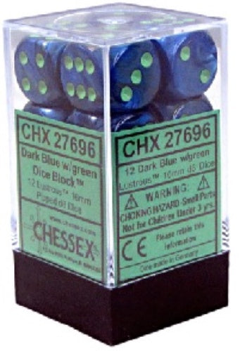 Lustrous 12 * D6 Dark Blue / Green 16mm Chessex Dice (CHX27696)