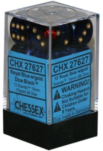 Scarab 12 * D6 Royal Blue / Gold 16mm Chessex Dice (CHX27627)