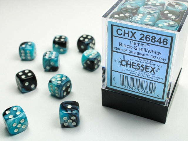 Gemini 36 * D6 Black-Shell / White 12mm Chessex Dice (CHX26846)