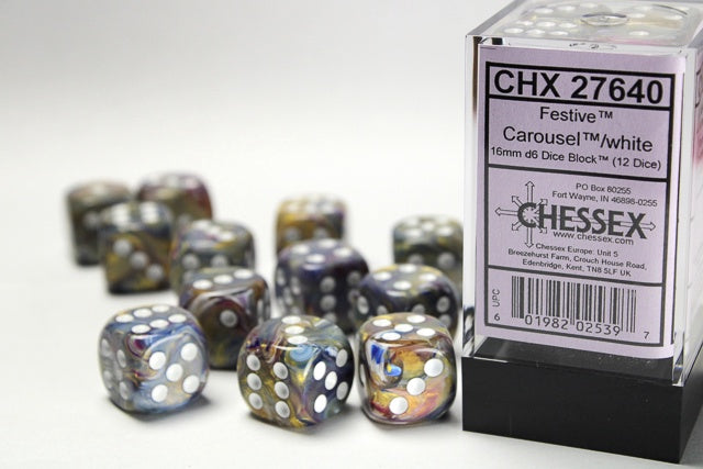 Festive 12 * D6 Caroussel /  White 16mm Chessex Dice (CHX27640)