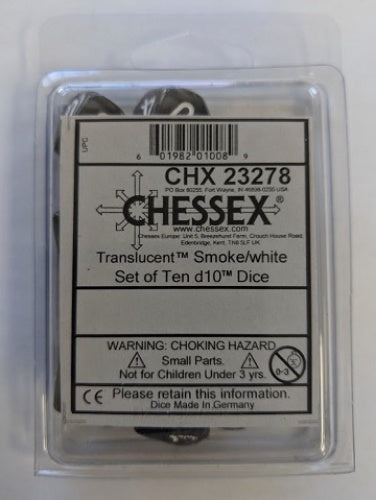 Translucent 10-Die Set D10 Smoke W / White Chessex Dice (CHX23278)