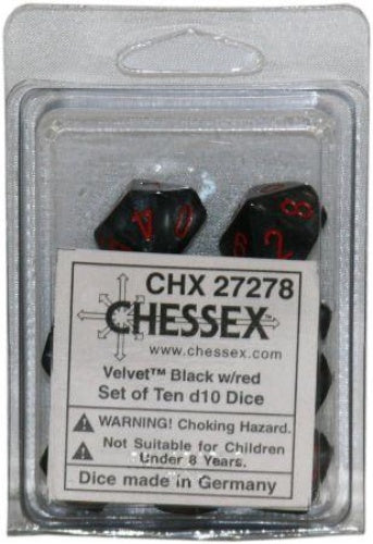 Velvet 10 * D10 Black / Red Chessex Dice (CHX27278)