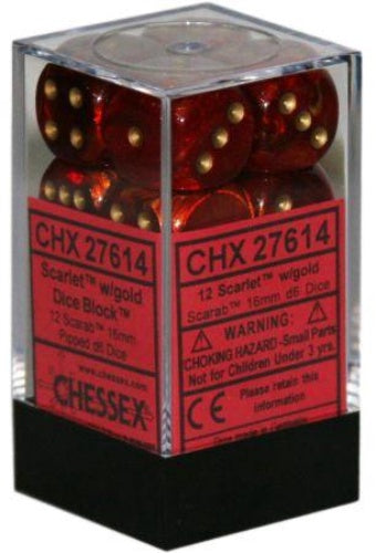 Scarab 12 * D6 Scarlet / Gold 16mm Chessex Dice (CHX27614)