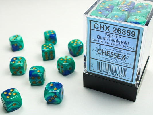 Gemini 36 * D6 Blue-Teal / Gold 12mm Chessex Dice (CHX26859)