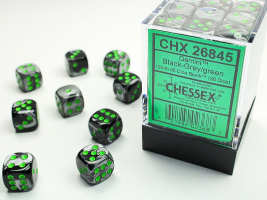 Gemini 36 * D6 Black-Grey / Green 12mm Chessex Dice (CHX26845)