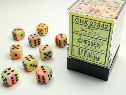 Festive 36 * D6 Circus / Black 12mm Chessex Dice (CHX27842)