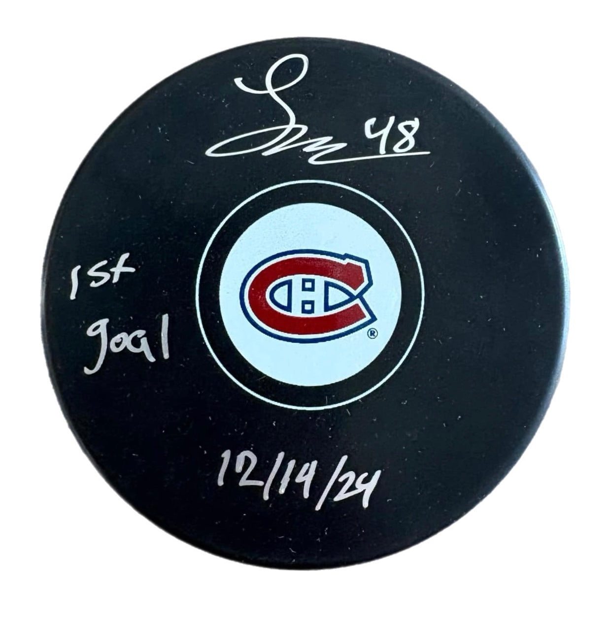 Lane Hutson Autographed & Inscribed Puck - Logo (1st Goal)