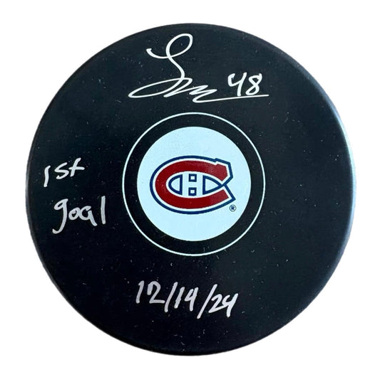 Lane Hutson Autographed & Inscribed Puck - Logo (1st Goal)