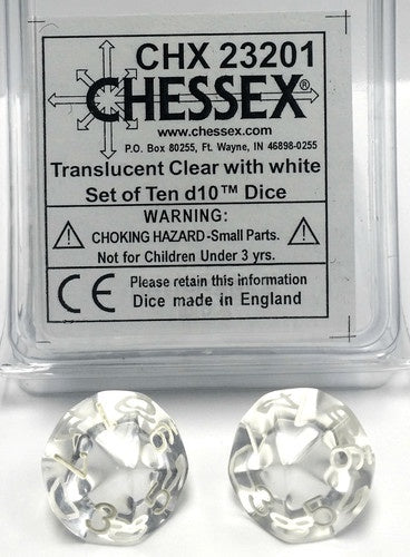 Translucent 10 * D10 Clear / White Chessex Dice (CHX23201*)