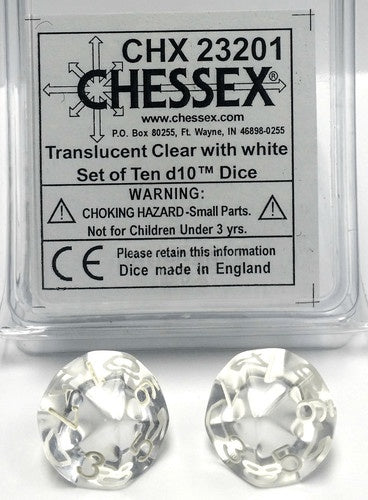Translucent 10 * D10 Clear / White Chessex Dice (CHX23201*)