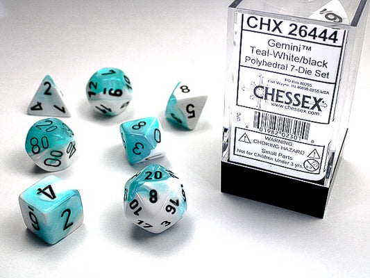 Gemini 7-Die Set Teal-White / Black Chessex Dice (CHX26444)