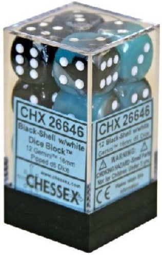 Gemini 12 * D6 Black-Shell / White 16mm Chessex Dice (CHX26646)