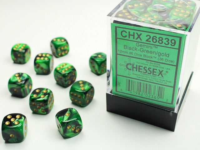 Gemini 36 * D6 Black-Green / Gold 12mm Chessex Dice (CHX26839)