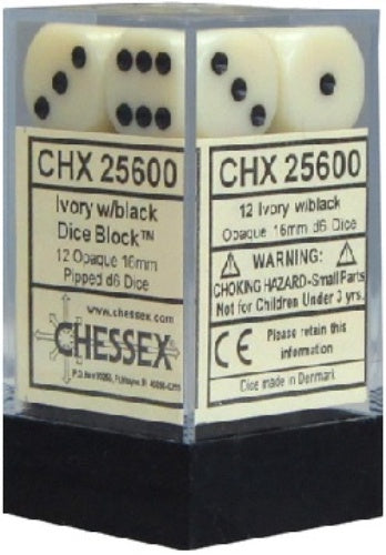 Opaque 12 * D6 Ivory / Black 16mm Chessex Dice (CHX25600)