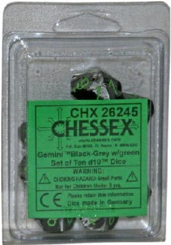 Gemini 10 * D10 Black-Grey / Green Chessex Dice (CHX26245)