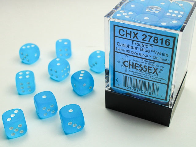 Frosted 36 * D6 Caribbean Blue / White 12mm Chessex Dice (CHX27816)