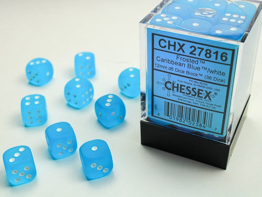 Frosted 36 * D6 Caribbean Blue / White 12mm Chessex Dice (CHX27816)