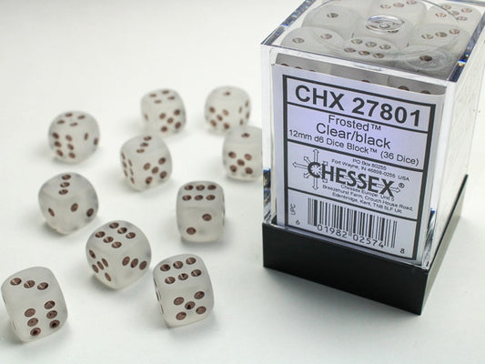 Frosted 36 * D6 Clear / Black 12mm Chessex Dice (CHX27801)