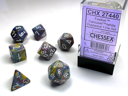 Festive 7-Die Set Carousel / White Chessex Dice (CHX27440)