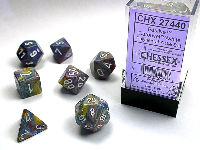 Festive 7-Die Set Carousel / White Chessex Dice (CHX27440)