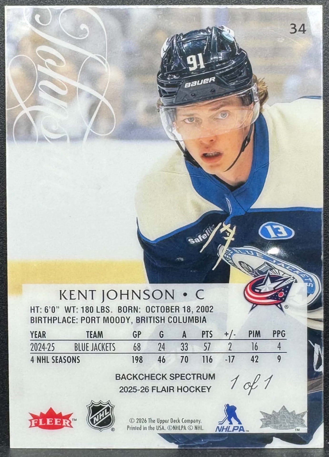 UD Kent Johnson 34 Backcheck Spectrum Flair Fleer 24-26 1/1 Blue Jacket